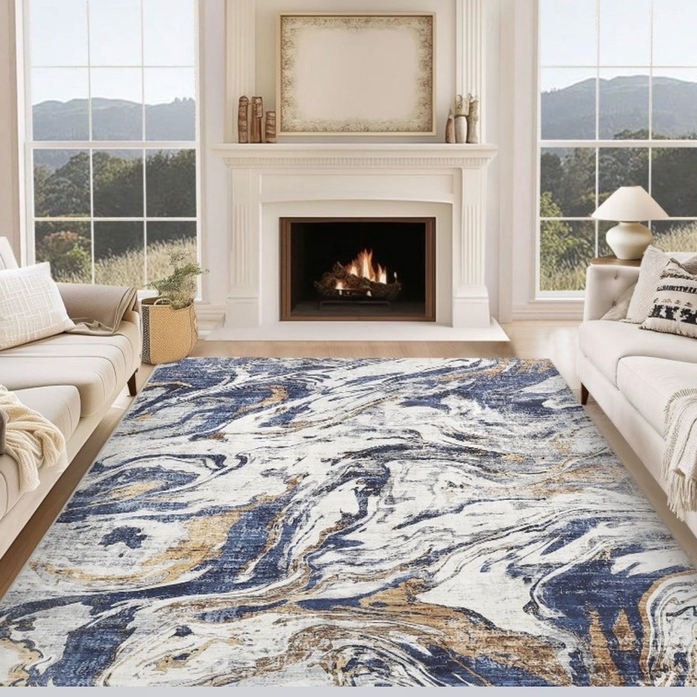 Blue, Cream and Gold Swirl Area Rug 8x10 brand new in box!